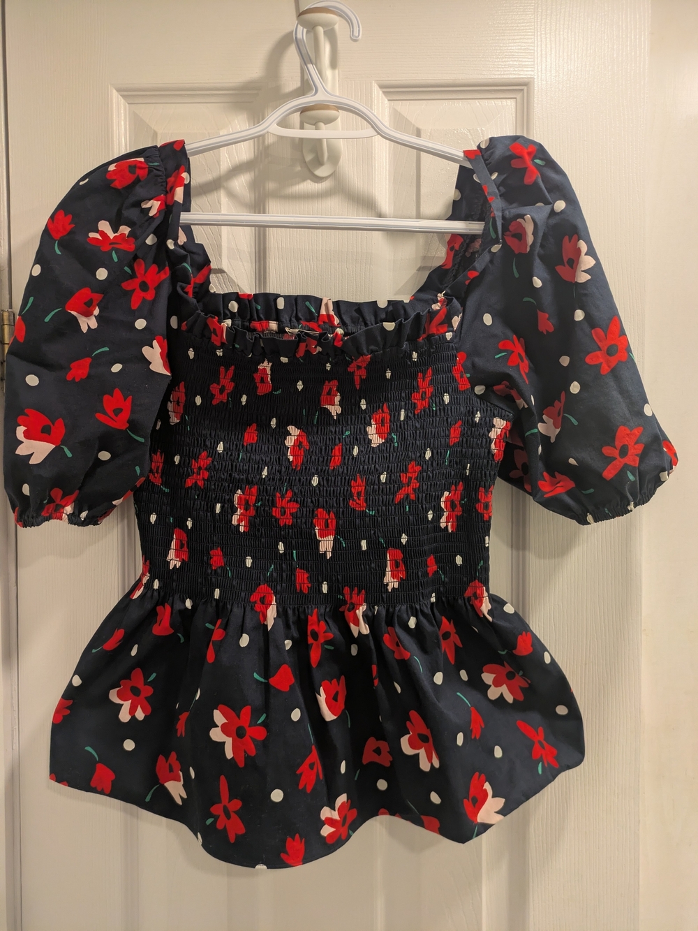 kate spade Navy Floral Puff-Sleeve Smocked Peplum Top